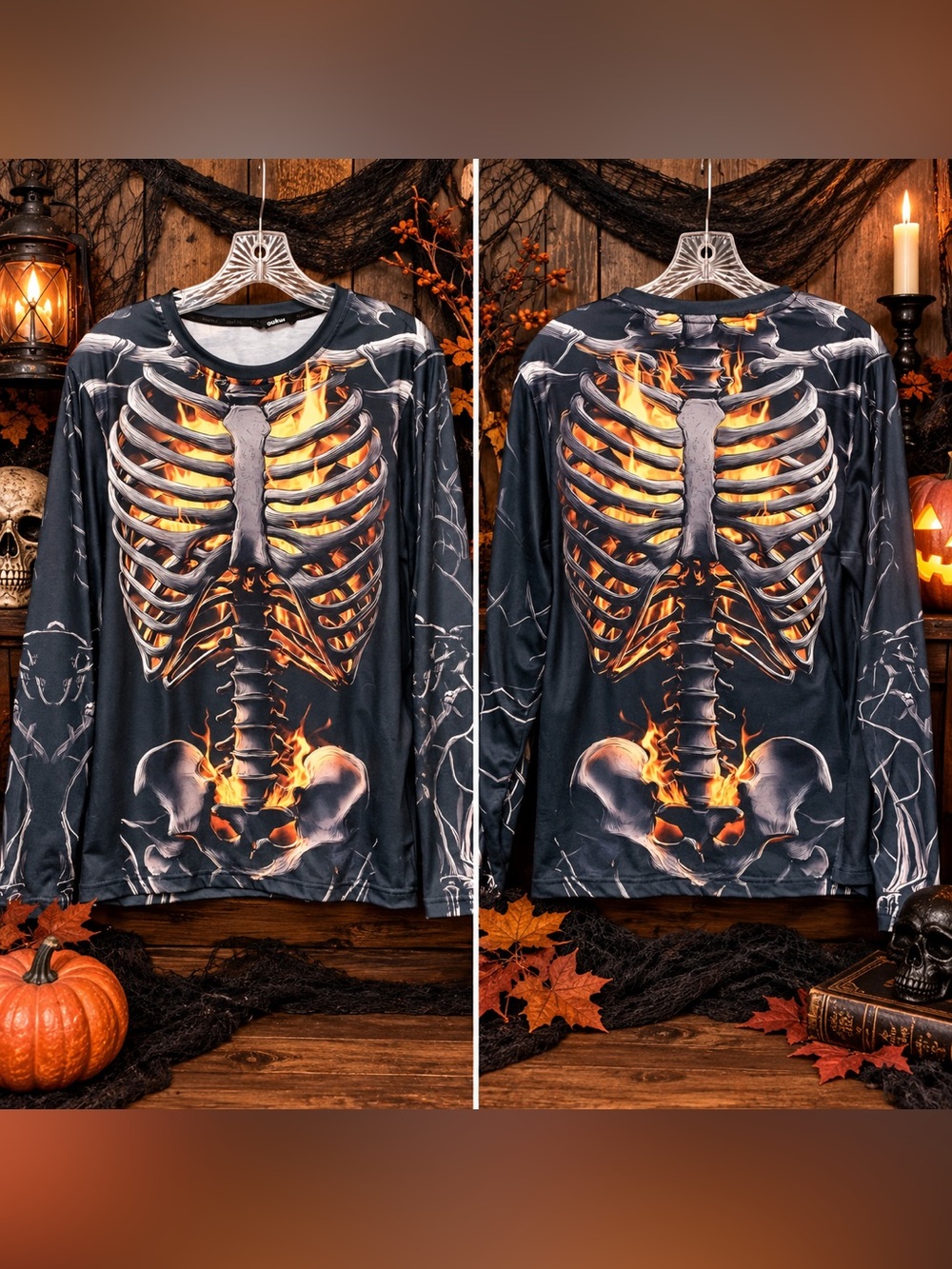 🔥 OUKU Flaming Skeleton Long Sleeve Shirt – Halloween Gothic Graphic